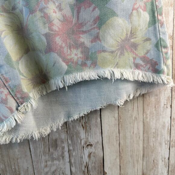 Aerie Denim Shorts Women M Pastel Blue Tropical Floral Elastic Waist Drawstring - Picture 4 of 7